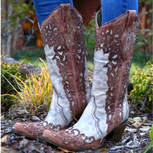 CORRAL A2665 cognac leather lace look overlay cowgirl western boots snip toe 6.5 - Picture 3 of 16